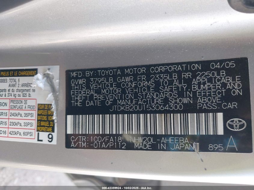 2005 Toyota Prius VIN: JTDKB20U153064300 Lot: 43359924