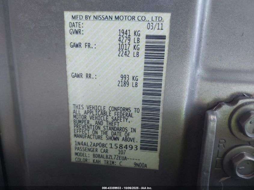 2011 Nissan Altima 2.5 S VIN: 1N4AL2AP0BC158493 Lot: 43359933