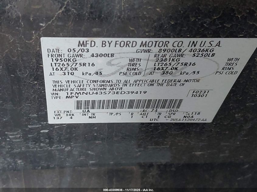 2003 Ford Excursion Limited VIN: 1FMNU43S73ED39419 Lot: 43359936