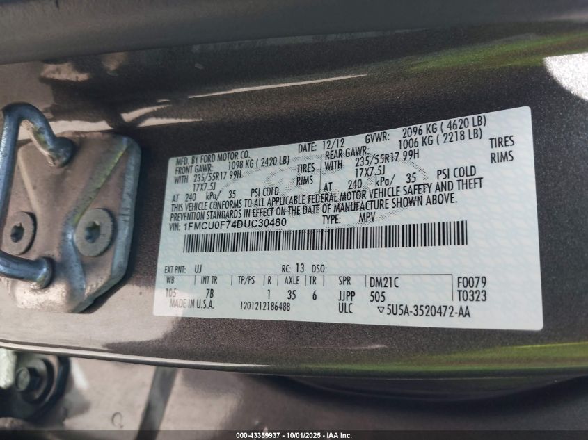 2013 Ford Escape S VIN: 1FMCU0F74DUC30480 Lot: 43359937