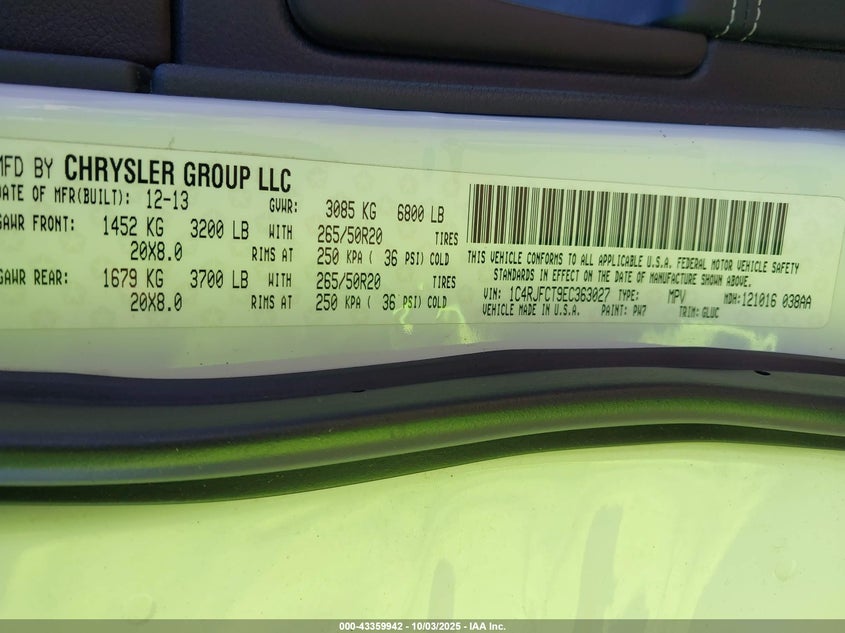 2014 JEEP GRAND CHEROKEE OVERLAND 1C4RJFCT9EC363027