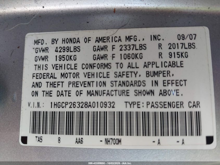 2008 Honda Accord 2.4 Lx VIN: 1HGCP26328A010932 Lot: 43359950