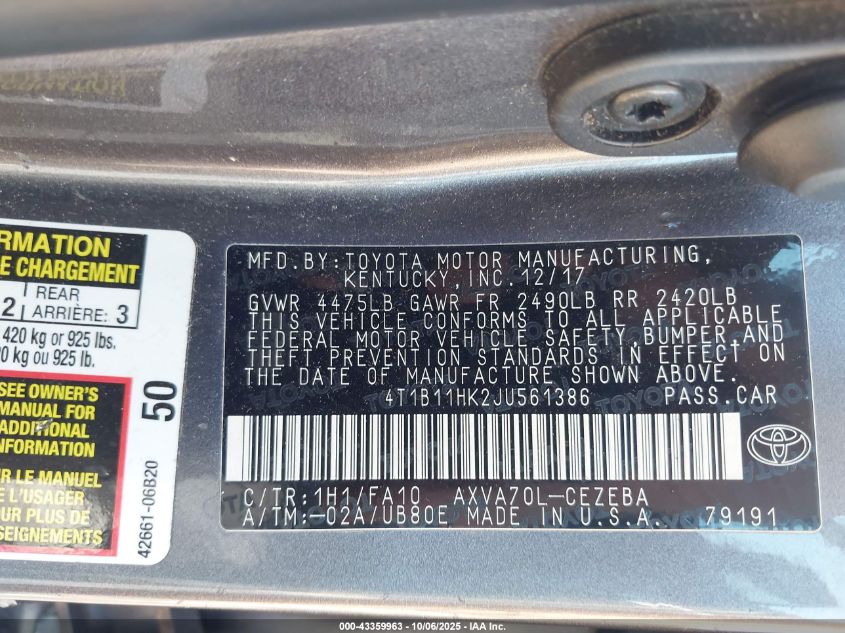 2018 Toyota Camry L VIN: 4T1B11HK2JU561386 Lot: 43359963