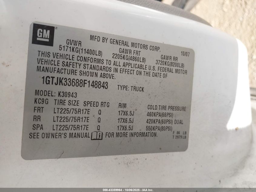 2008 GMC Sierra 3500Hd Work Truck VIN: 1GTJK33688F148843 Lot: 43359964