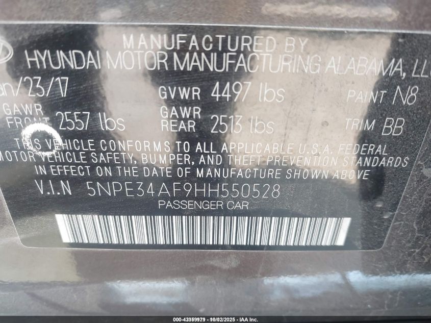 2017 Hyundai Sonata Sport VIN: 5NPE34AF9HH550528 Lot: 43359979