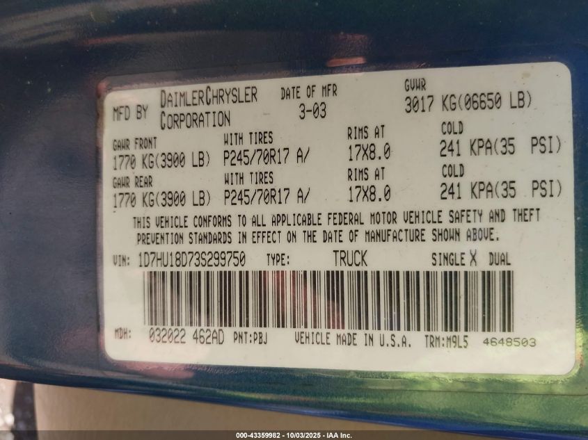 2003 Dodge Ram 1500 Slt/Laramie/St VIN: 1D7HU18D73S299750 Lot: 43359982