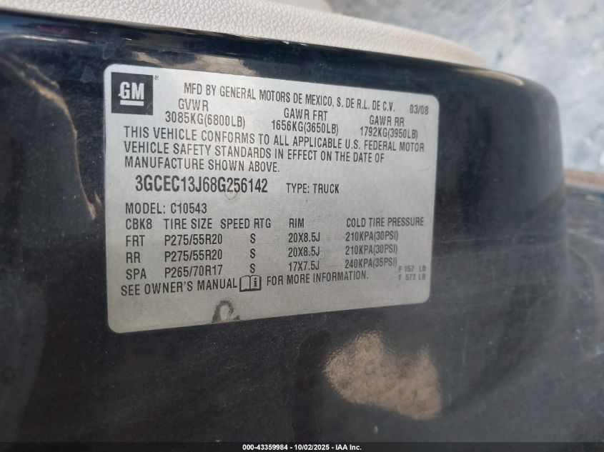2008 Chevrolet Silverado 1500 Lt1 VIN: 3GCEC13J68G256142 Lot: 43359984