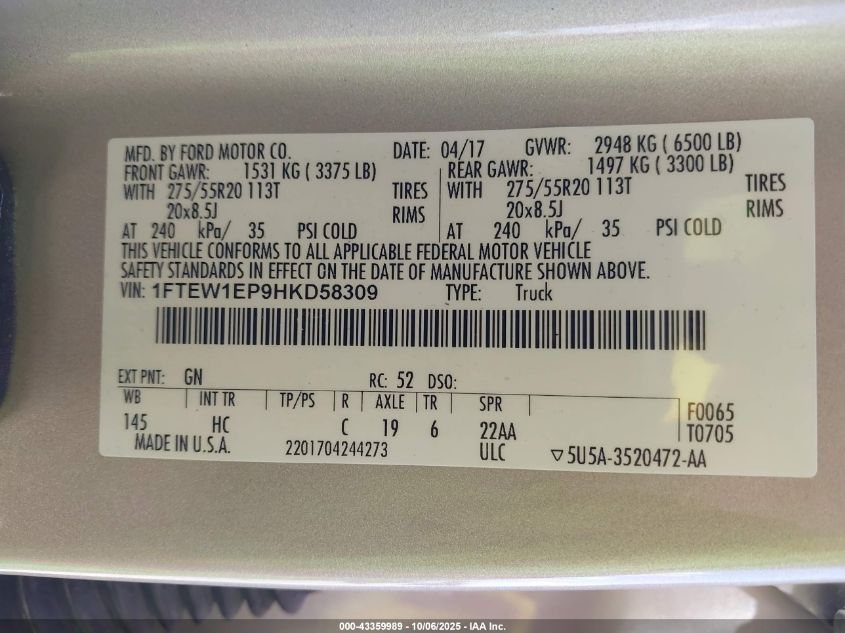 2017 Ford F-150 Lariat VIN: 1FTEW1EP9HKD58309 Lot: 43359989