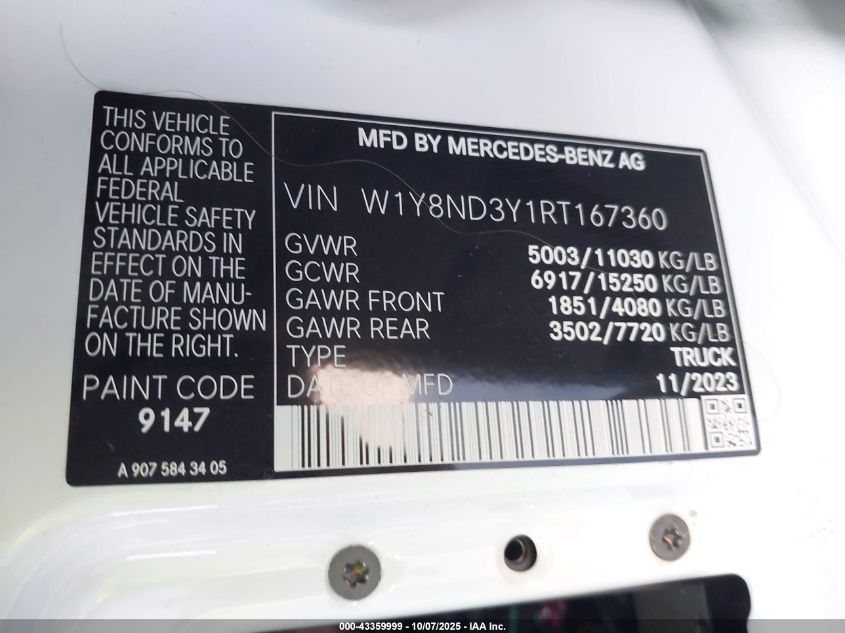 2024 Mercedes-Benz Sprinter 3500Xd High Roof 4-Cyl Diesel Ho VIN: W1Y8ND3Y1RT167360 Lot: 43359999