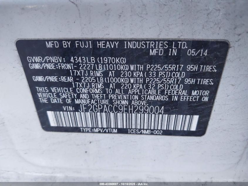 2014 Subaru Xv Crosstrek 2.0I Premium VIN: JF2GPACC9EH299004 Lot: 43360007