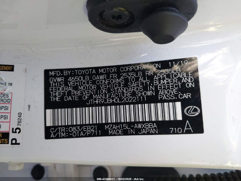 2020 Lexus Ux 250H F Sport VIN: JTHR9JBH0L2022111 Lot: 43360011