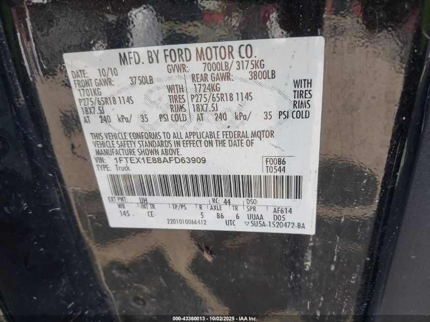 2010 Ford F-150 Stx/Xl/Xlt VIN: 1FTEX1E88AFD63909 Lot: 43360013