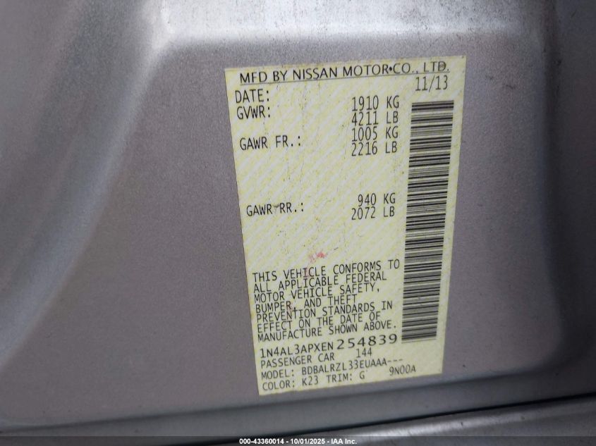 2014 Nissan Altima 2.5 S VIN: 1N4AL3APXEN254839 Lot: 43360014