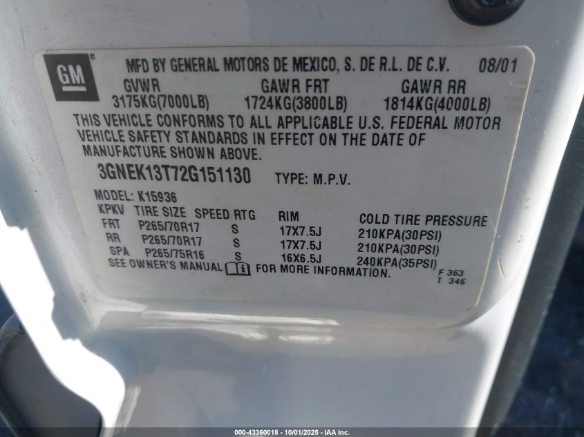 2002 Chevrolet Avalanche 1500 VIN: 3GNEK13T72G151130 Lot: 43360018