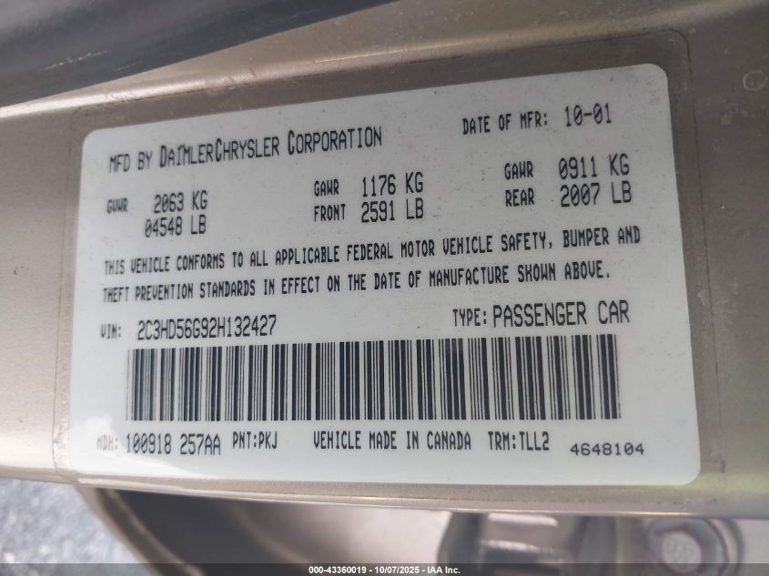 2002 Chrysler Concorde Limited VIN: 2C3HD56G92H132427 Lot: 43360019