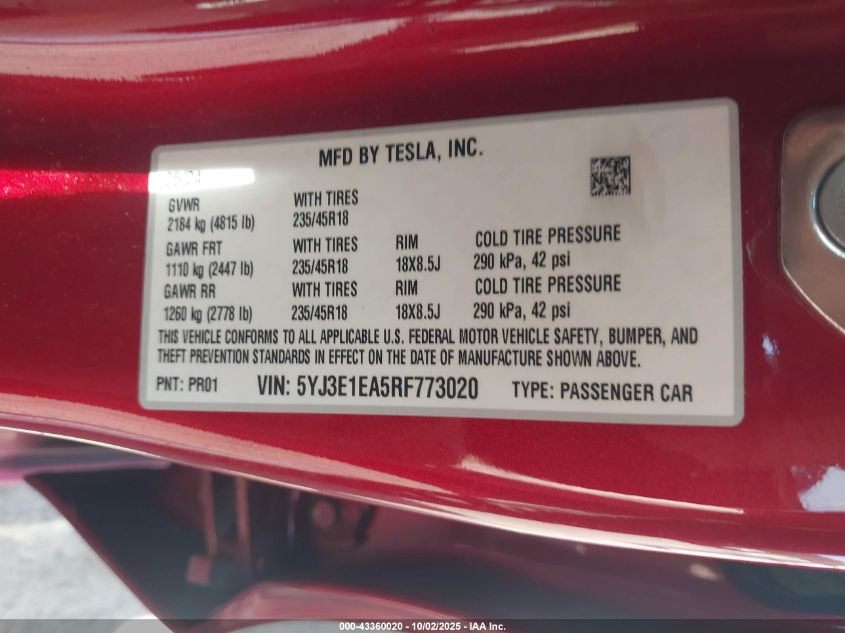 2024 Tesla Model 3 Long Range Dual Motor All-Wheel Drive/Rear-Wheel Drive VIN: 5YJ3E1EA5RF773020 Lot: 43360020