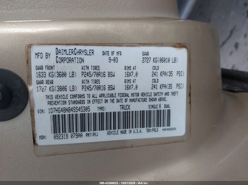 2004 Dodge Dakota Slt VIN: 1D7HG48N84S545305 Lot: 43360023