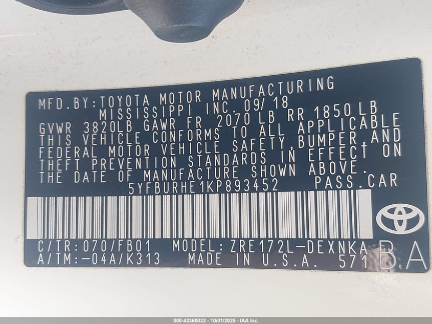 2019 TOYOTA COROLLA LE - 5YFBURHE1KP893452