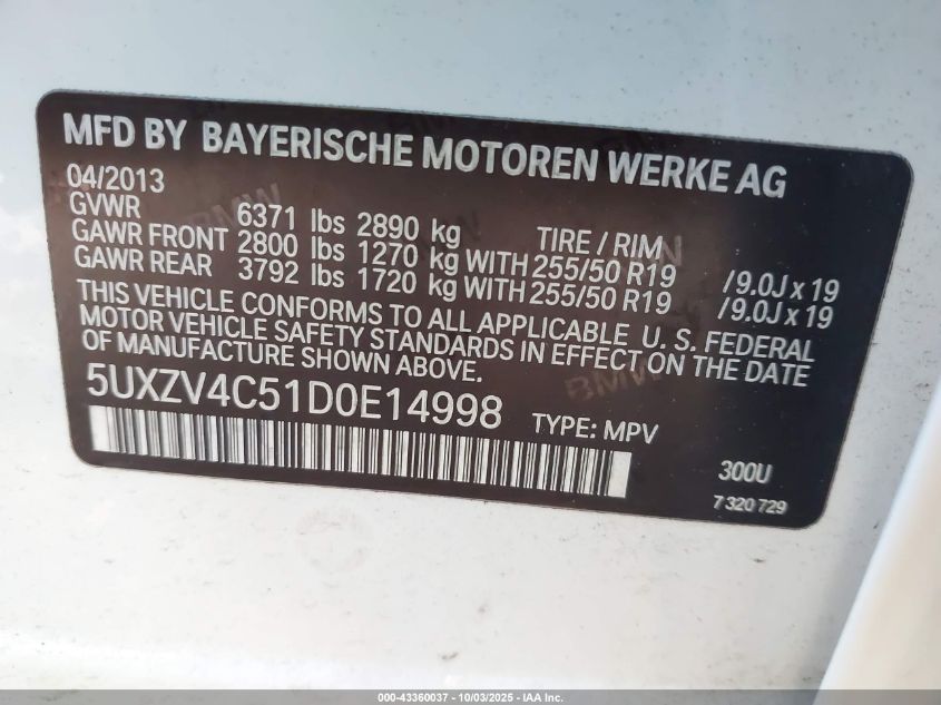 2013 BMW X5 xDrive35I/xDrive35I Premium/xDrive35I Sport Activity VIN: 5UXZV4C51D0E14998 Lot: 43360037