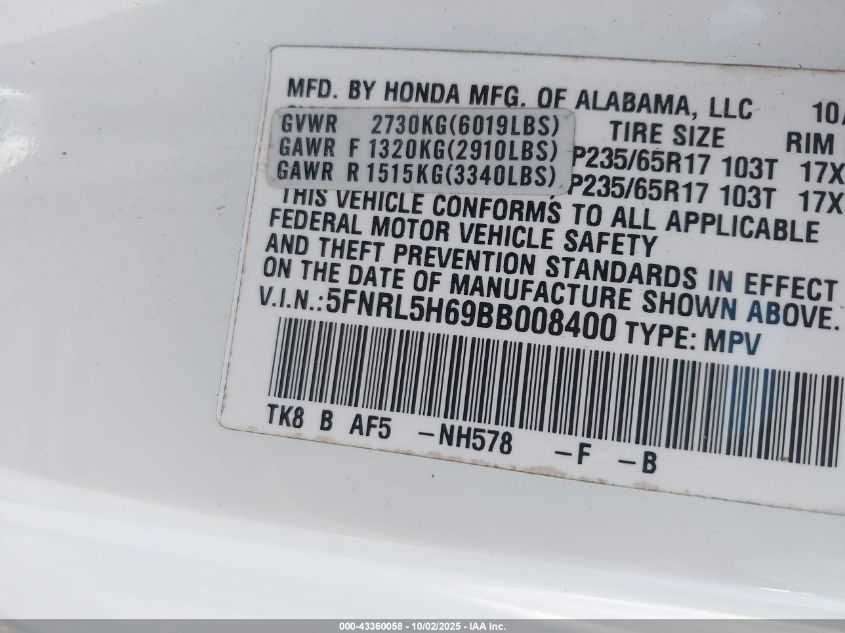 2011 Honda Odyssey Ex-L VIN: 5FNRL5H69BB008400 Lot: 43360058