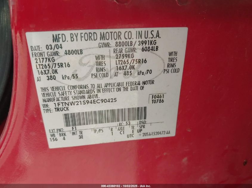 2004 Ford F-250 Lariat/Xl/Xlt VIN: 1FTNW21S94EC90425 Lot: 43360102