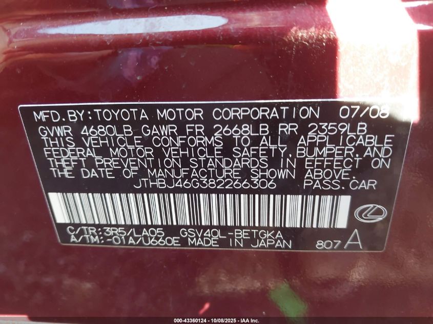 2008 Lexus Es 350 VIN: JTHBJ46G382266306 Lot: 43360124