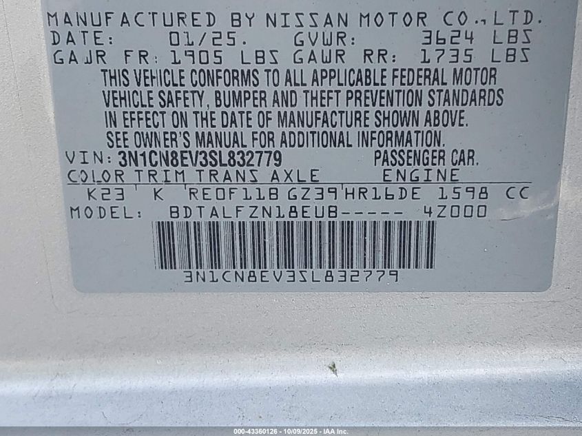 2025 Nissan Versa 1.6 Sv VIN: 3N1CN8EV3SL832779 Lot: 43360126