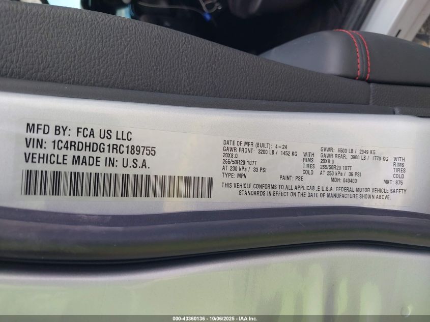 2024 Dodge Durango Gt Plus Rwd VIN: 1C4RDHDG1RC189755 Lot: 43360136