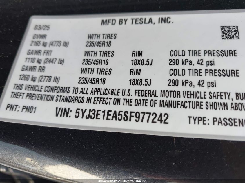2025 Tesla Model 3 Long Range Rear-Wheel Drive VIN: 5YJ3E1EA5SF977242 Lot: 43360142