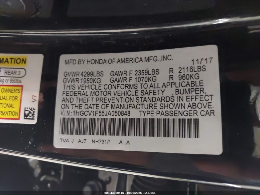 2018 Honda Accord Ex-L VIN: 1HGCV1F55JA050848 Lot: 43360146