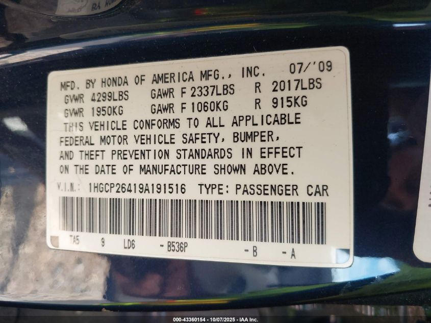 2009 Honda Accord 2.4 Lx-P VIN: 1HGCP26419A191516 Lot: 43360154