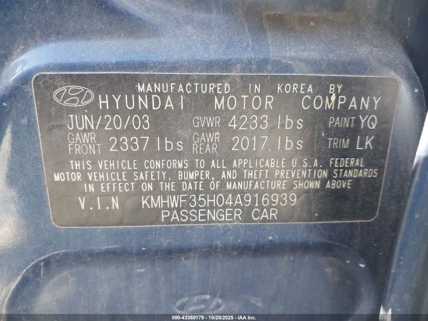 2004 Hyundai Sonata Gls/Lx VIN: KMHWF35H04A916939 Lot: 43360179