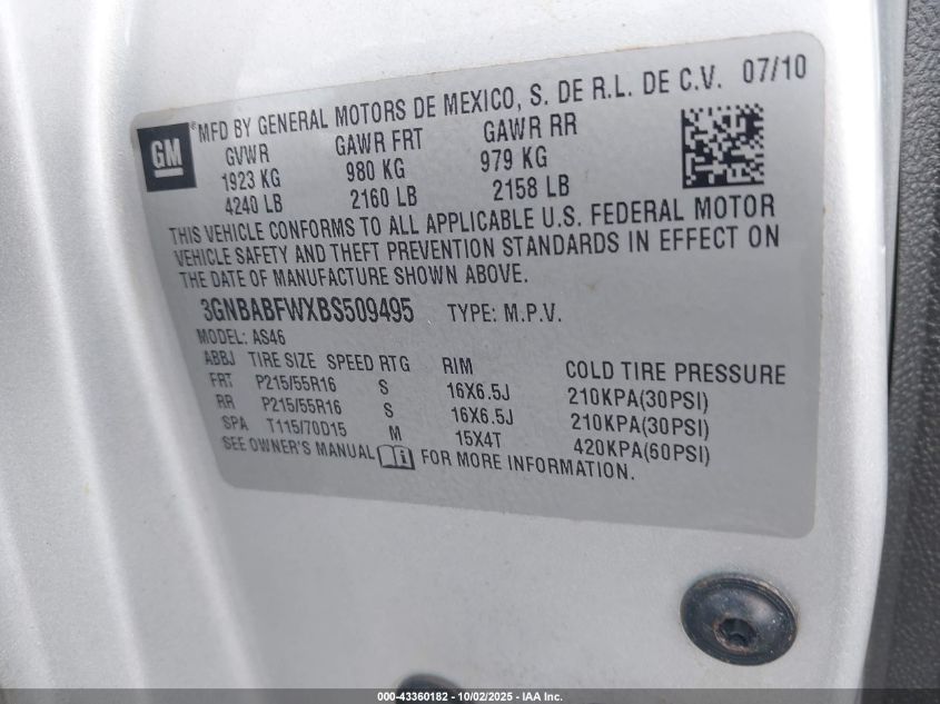 2011 Chevrolet Hhr Lt VIN: 3GNBABFWXBS509495 Lot: 43360182