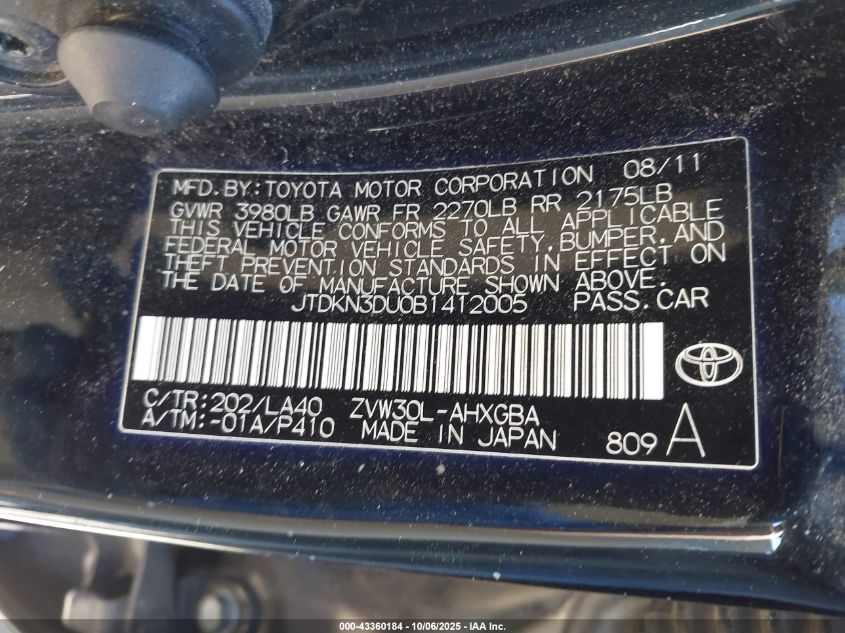 2011 Toyota Prius Four VIN: JTDKN3DU0B1412005 Lot: 43360184