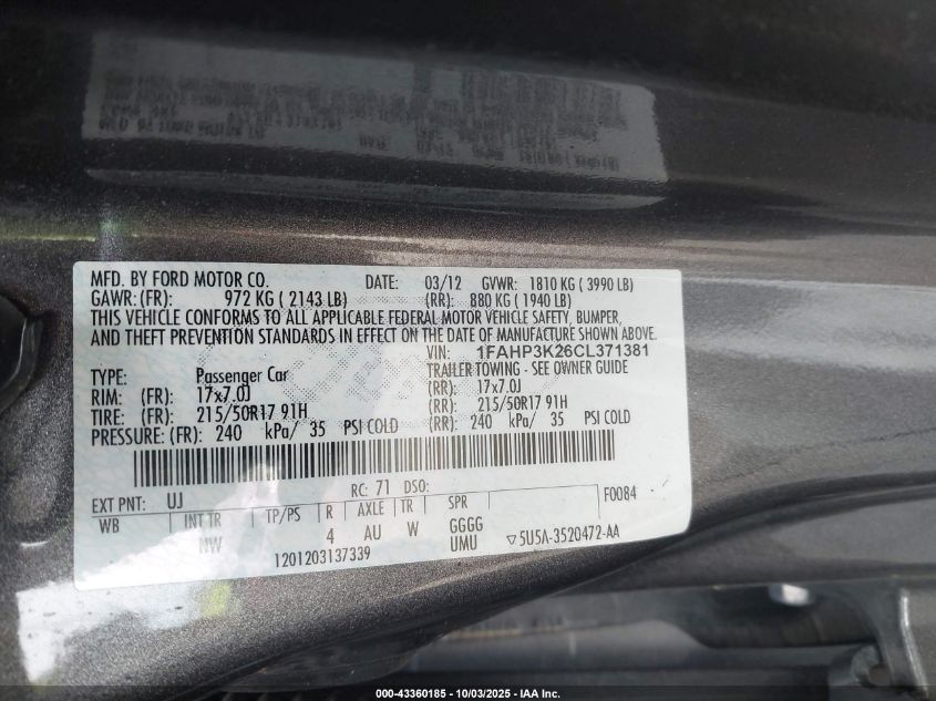 2012 Ford Focus Se VIN: 1FAHP3K26CL371381 Lot: 43360185