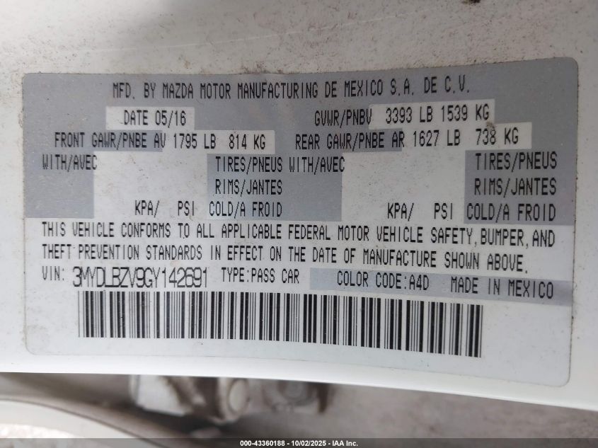 2016 Scion Ia VIN: 3MYDLBZV9GY142691 Lot: 43360188