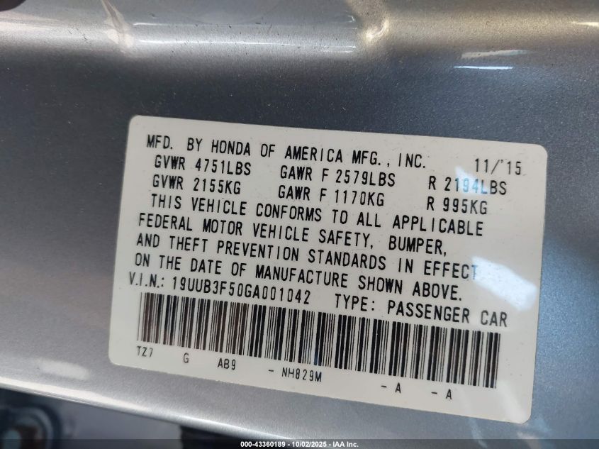 2016 Acura Tlx V6 Tech VIN: 19UUB3F50GA001042 Lot: 43360189