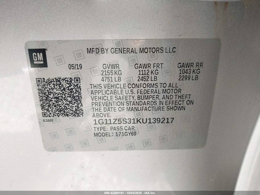 2019 CHEVROLET IMPALA LT - 1G11Z5S31KU139217