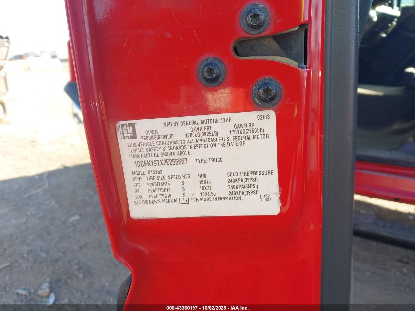 2003 Chevrolet Silverado 1500 Ls VIN: 1GCEK19TX3E255667 Lot: 43360197