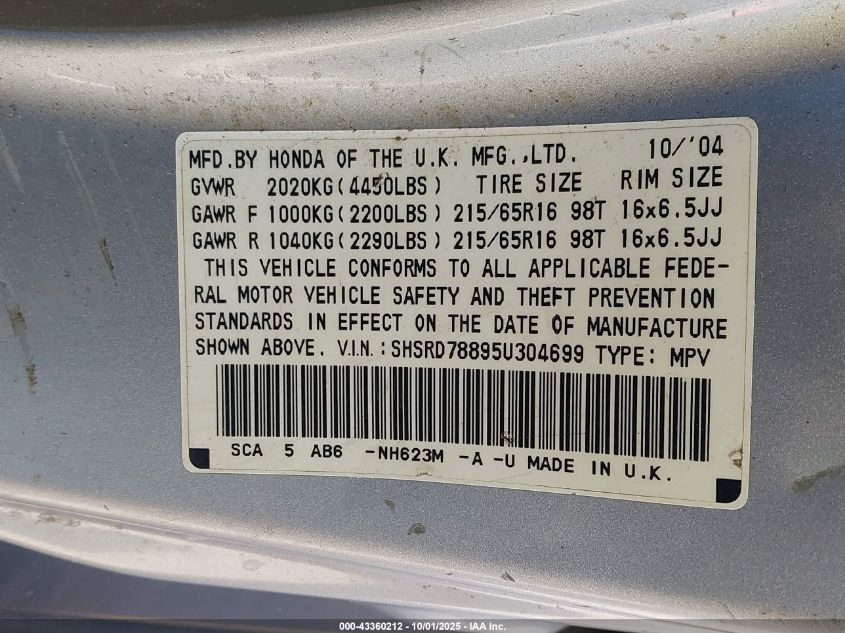 2005 Honda Cr-V Ex VIN: SHSRD78895U304699 Lot: 43360212