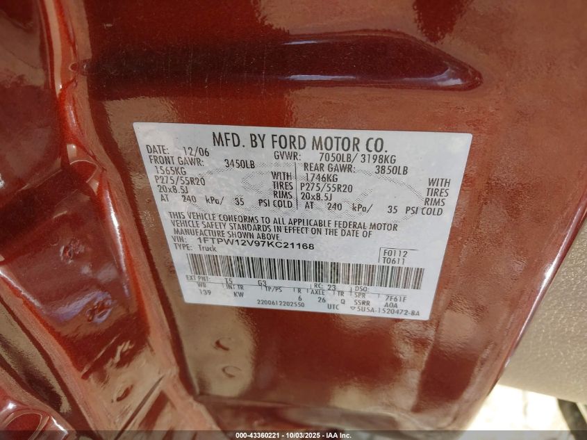 2007 Ford F-150 Lariat/Xlt VIN: 1FTPW12V97KC21168 Lot: 43360221