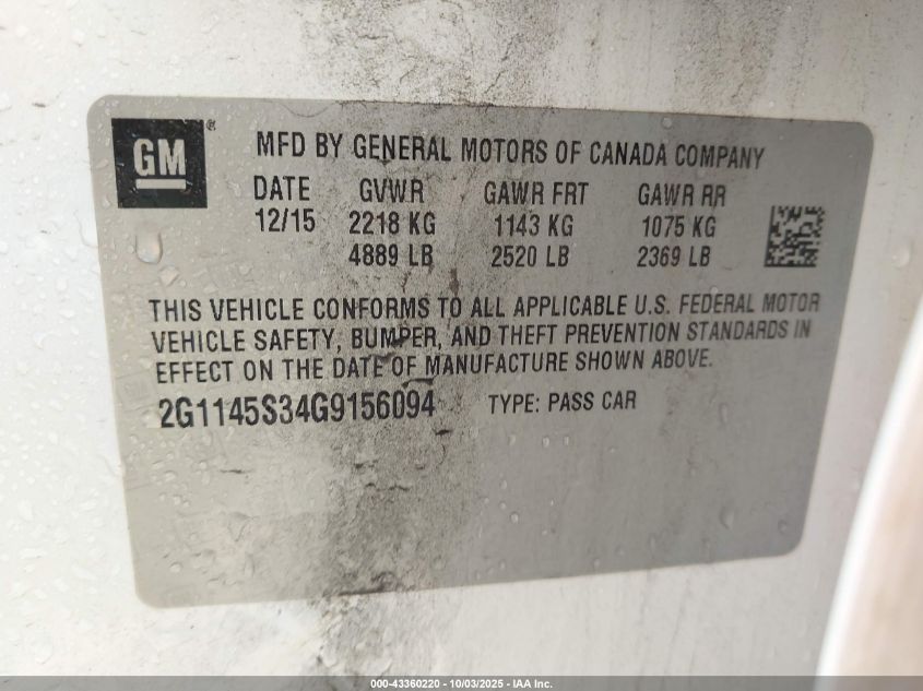 2016 Chevrolet Impala 2Lz VIN: 2G1145S34G9156094 Lot: 43360220