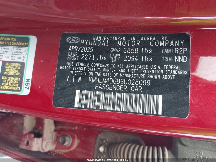 2025 Hyundai Elantra Sel Sport VIN: KMHLM4DG8SU028099 Lot: 43360225