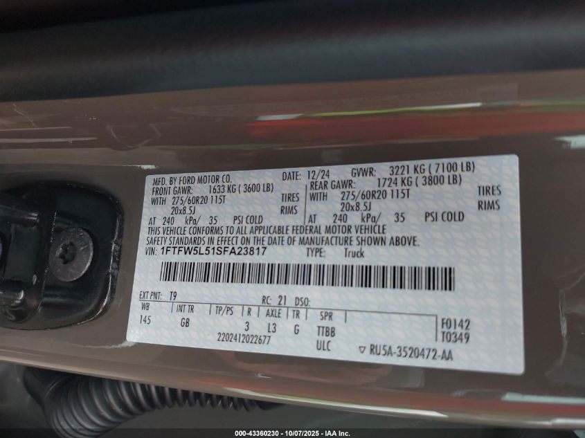 2025 Ford F-150 Lariat VIN: 1FTFW5L51SFA23817 Lot: 43360230