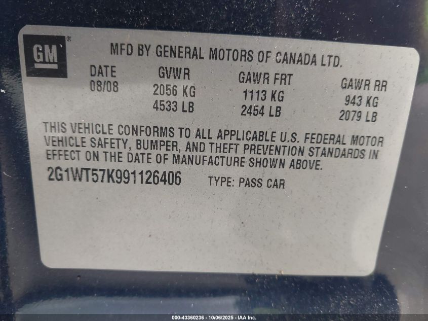 2009 Chevrolet Impala Lt VIN: 2G1WT57K991126406 Lot: 43360236
