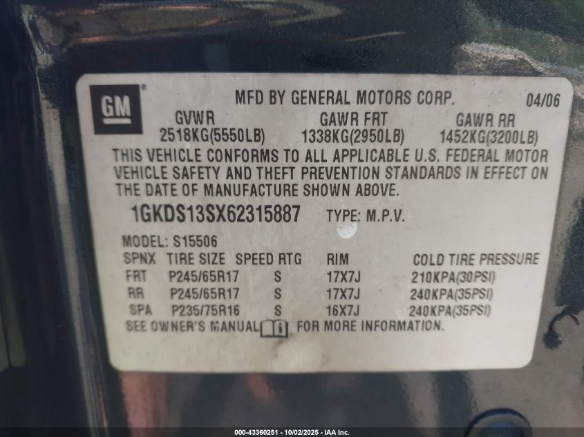 2006 GMC Envoy Sle VIN: 1GKDS13SX62315887 Lot: 43360251