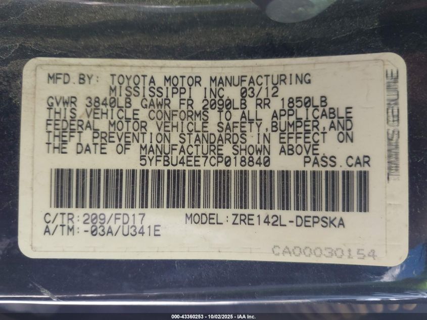 2012 Toyota Corolla S/Le VIN: 5YFBU4EE7CP018840 Lot: 43360253