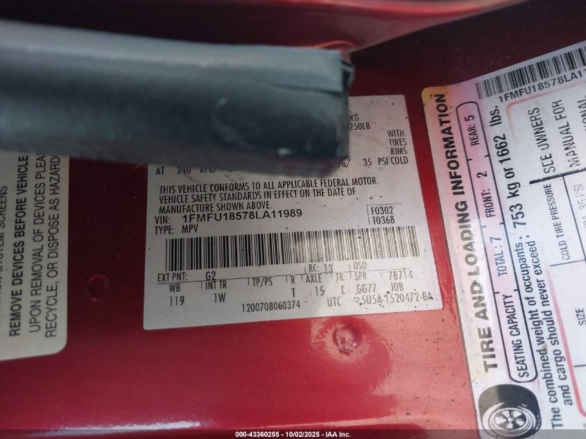 2008 Ford Expedition Eddie Bauer/King Ranch VIN: 1FMFU18578LA11989 Lot: 43360255