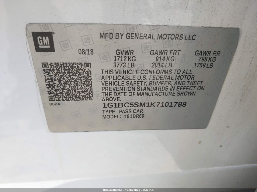 2019 Chevrolet Cruze Ls VIN: 1G1BC5SM1K7101788 Lot: 43360258