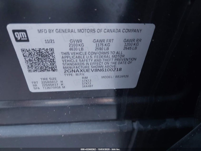 2022 Chevrolet Equinox Awd Lt VIN: 2GNAXUEV8N6100218 Lot: 43360262